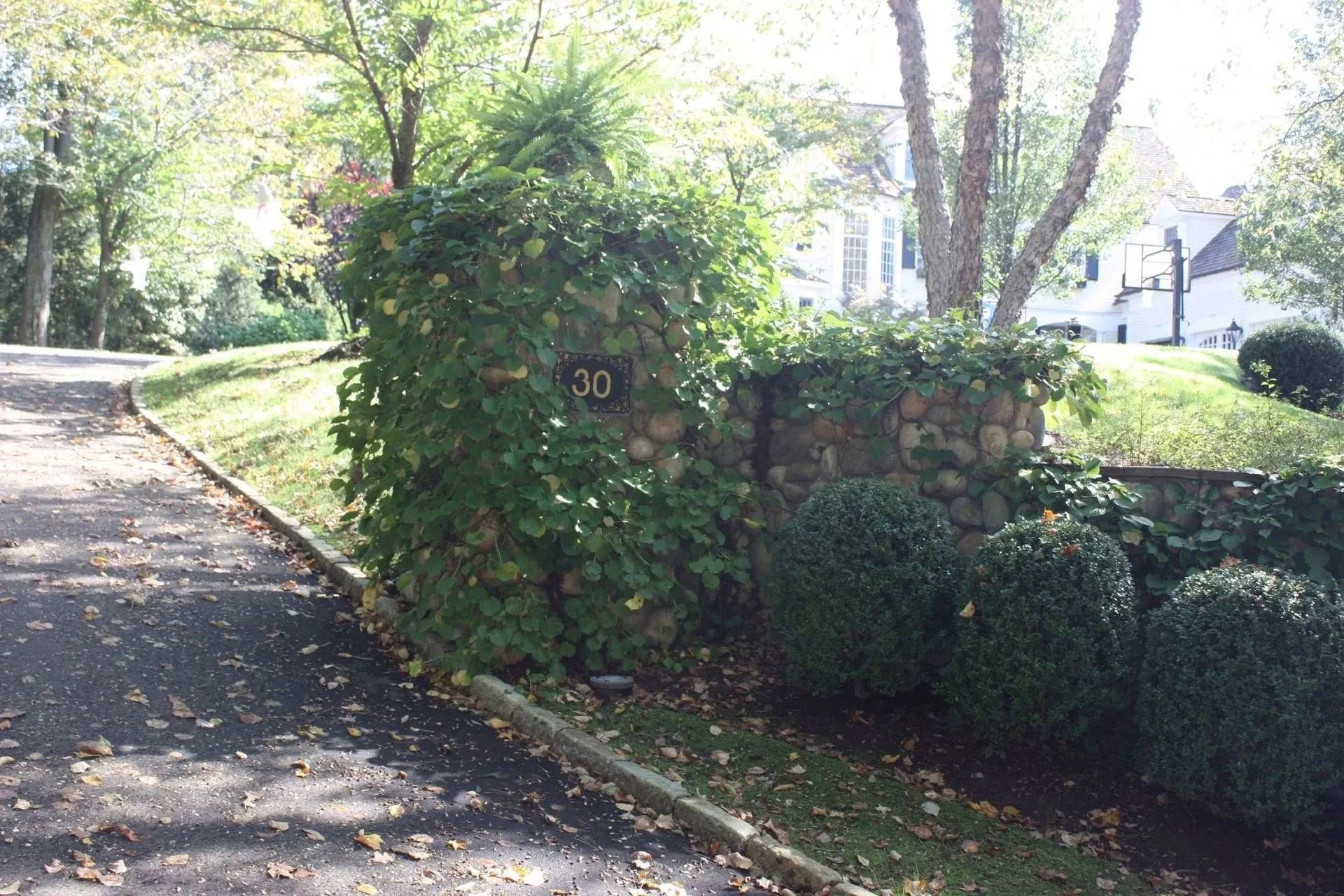 Curving driveway beside hedges and trees, with a stone wall and house in the background.