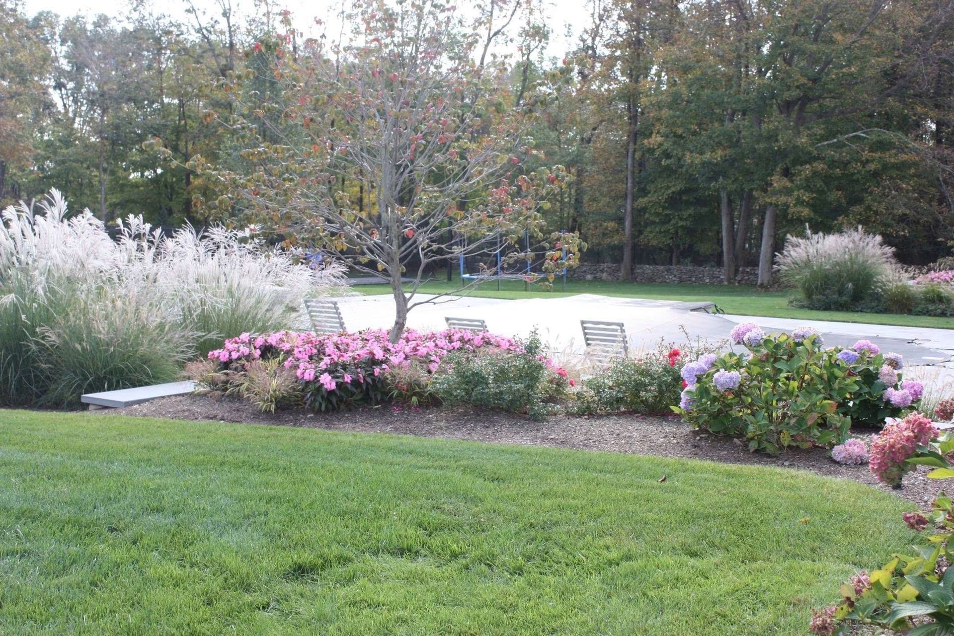 Garden with pink and white flowers, green lawn, and chairs on a patio under trees.