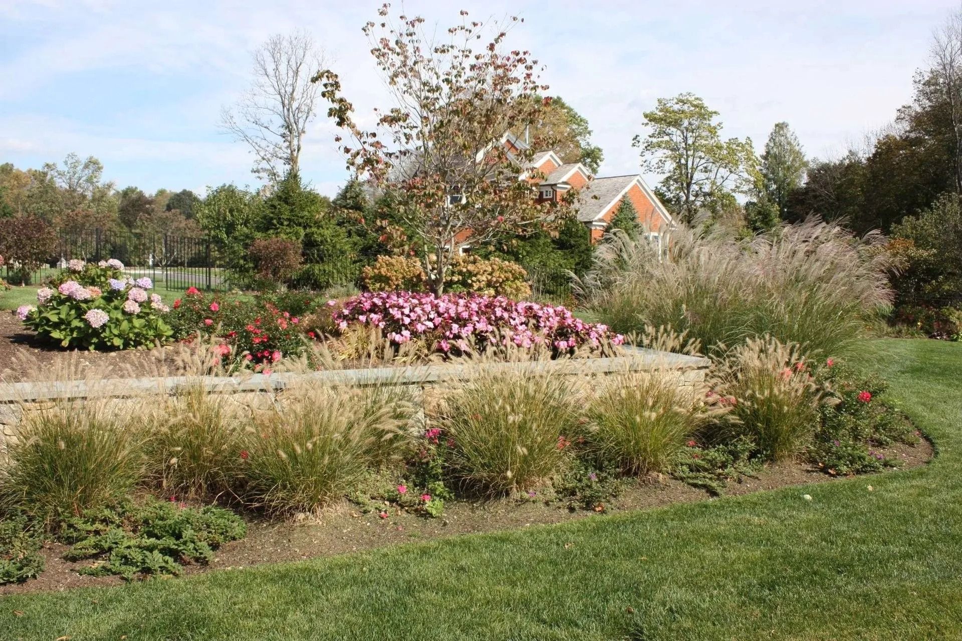 Flower garden with pink and white blooms, shrubs, and a house in the background under a clear sky