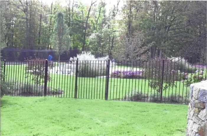 Black metal fence across a green lawn with trees and shrubs in the background