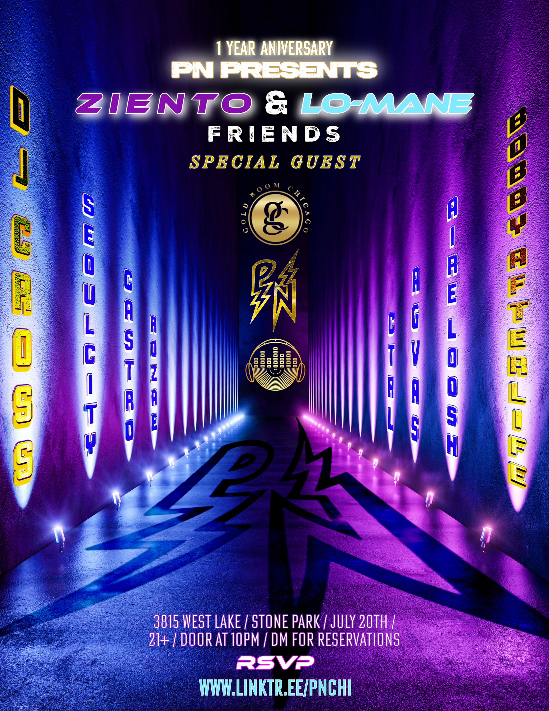 Event flyer for Zien To & Lo-mane featuring special guests with a neon color scheme.