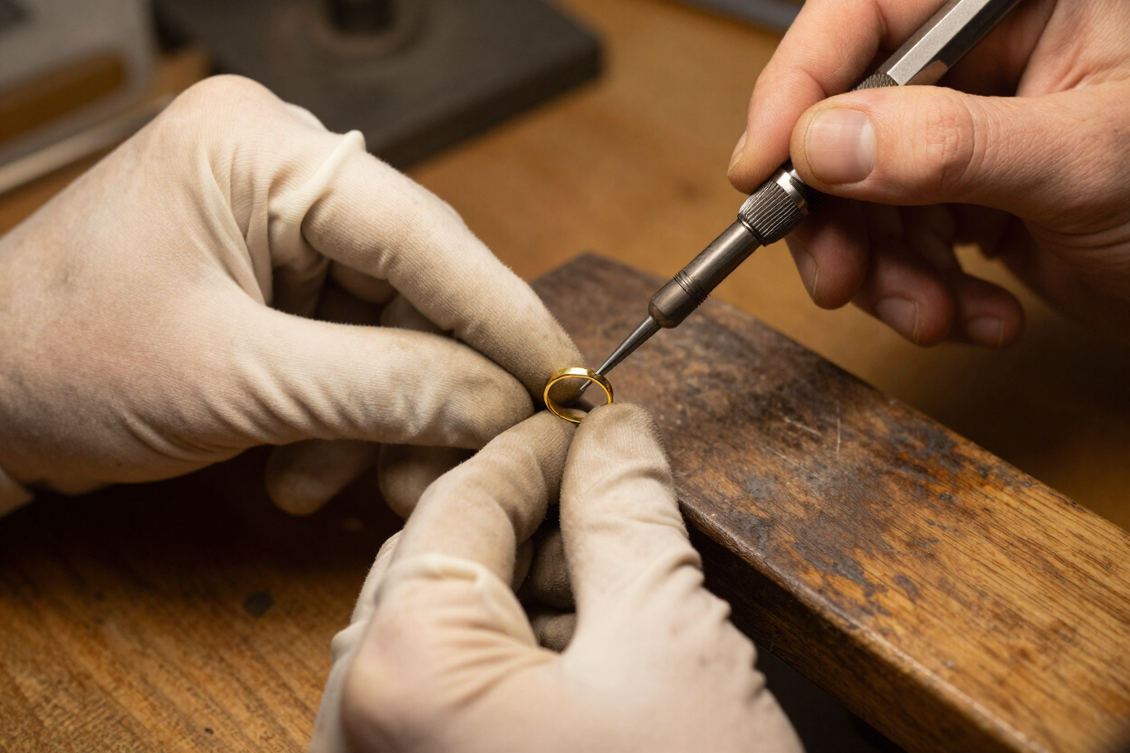 Jeweller soldering a gold ring at the workbench