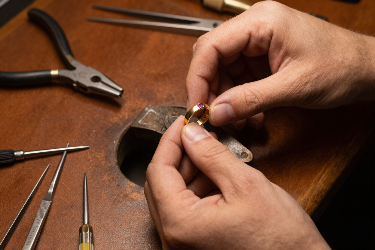 Jeweller's hands crafting a bespoke gold ring at a workbench