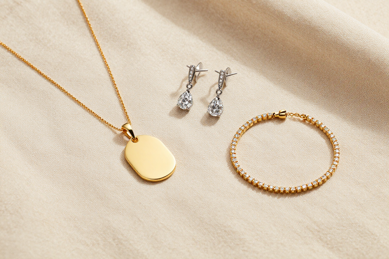 Curated fine jewellery pieces on warm ivory linen