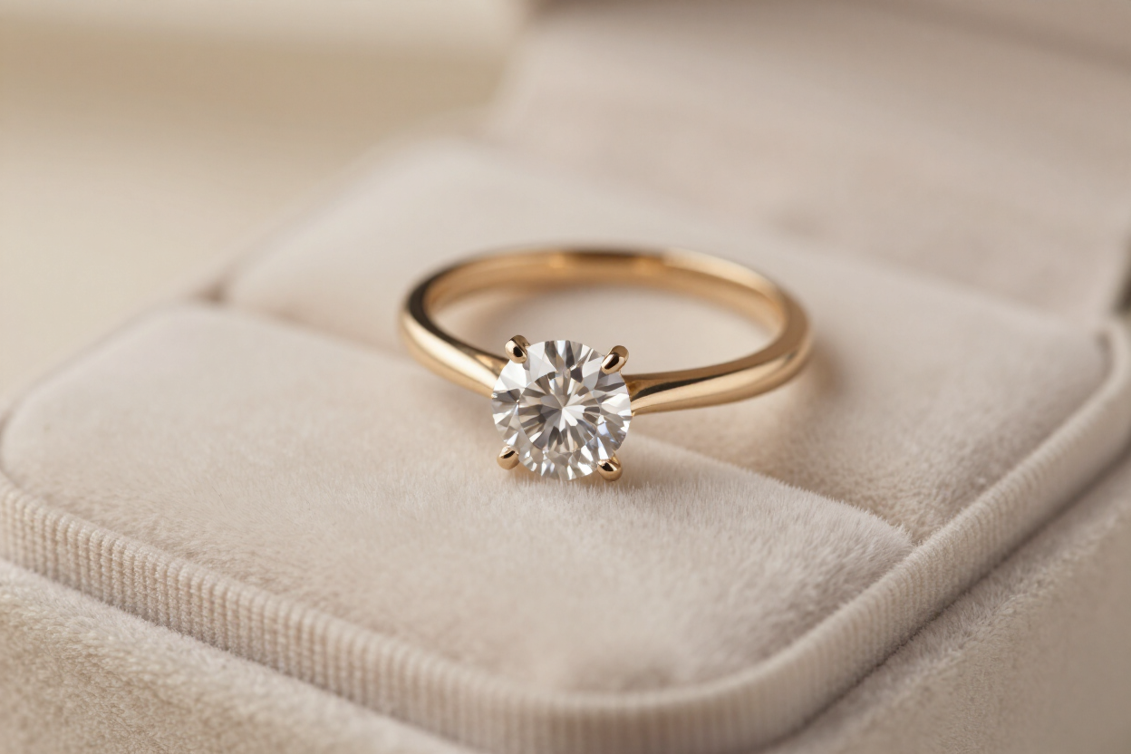 Elegant solitaire diamond engagement ring on ivory velvet