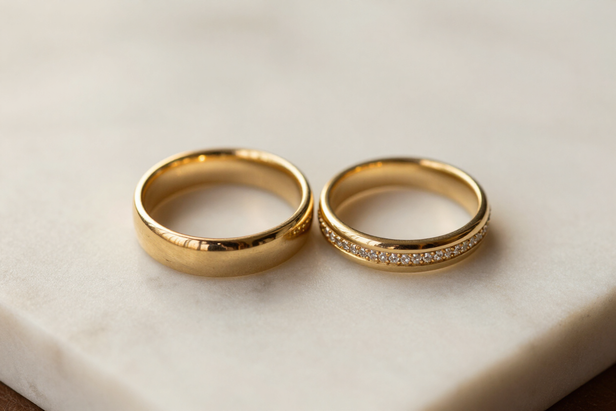 Two matching wedding bands on pale marble surface