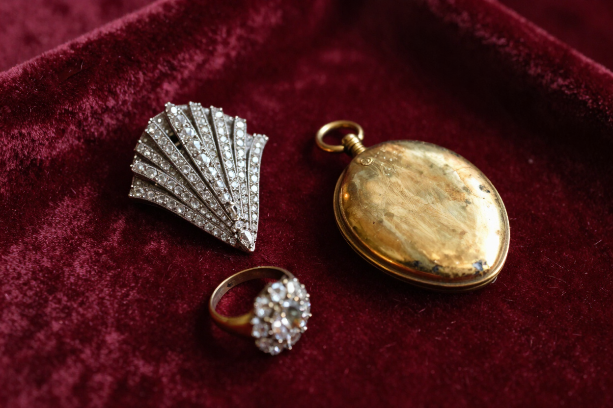 Antique and vintage jewellery pieces on aged burgundy velvet