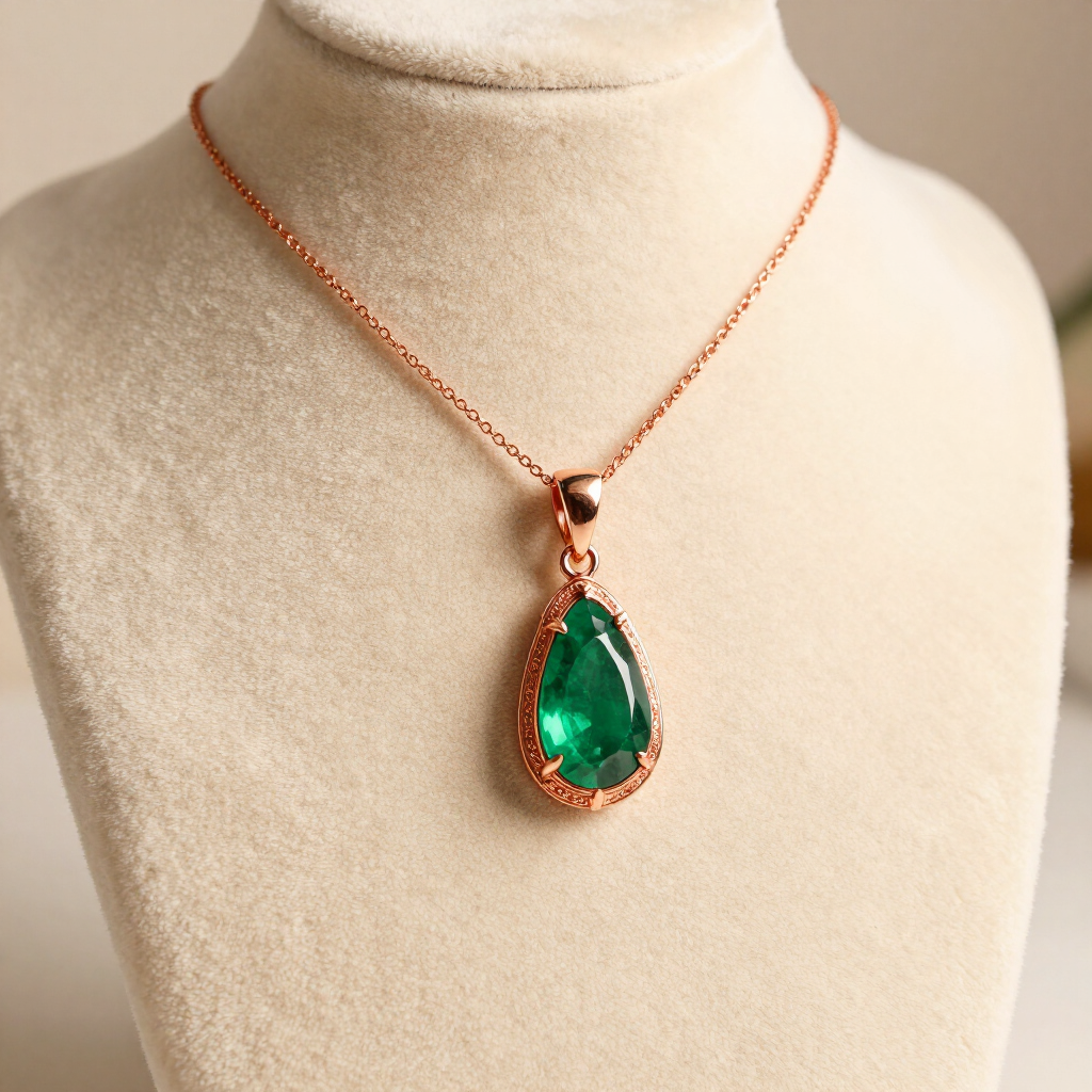 Rose gold and emerald drop pendant necklace