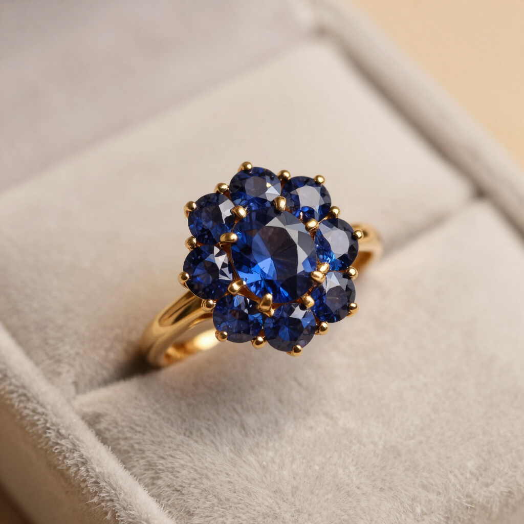 Gold and sapphire cluster engagement ring