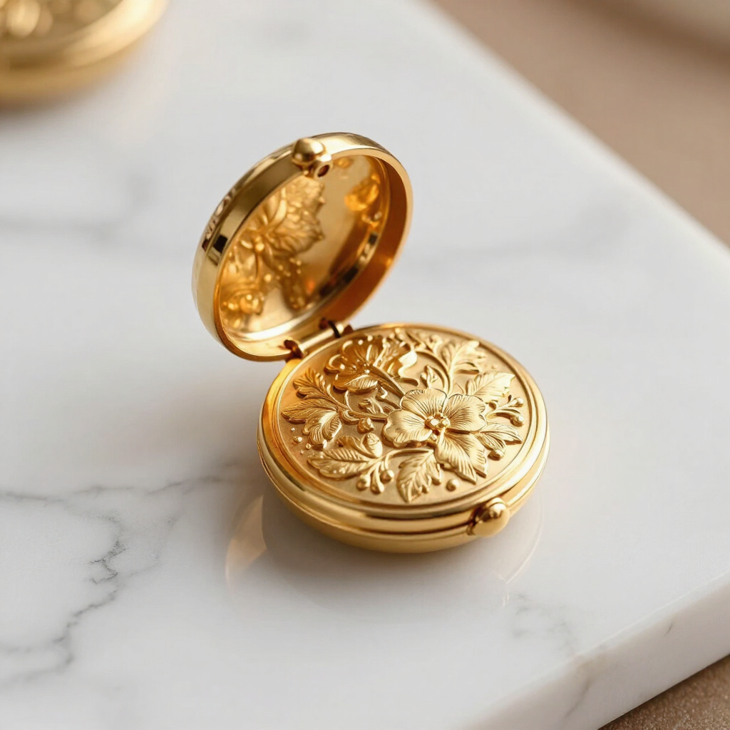 Bespoke gold locket with engraved floral motif