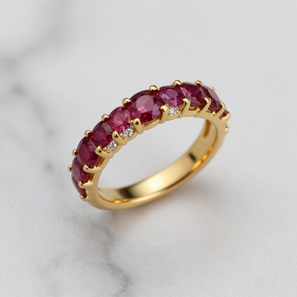 Yellow gold eternity band with rubies and diamonds