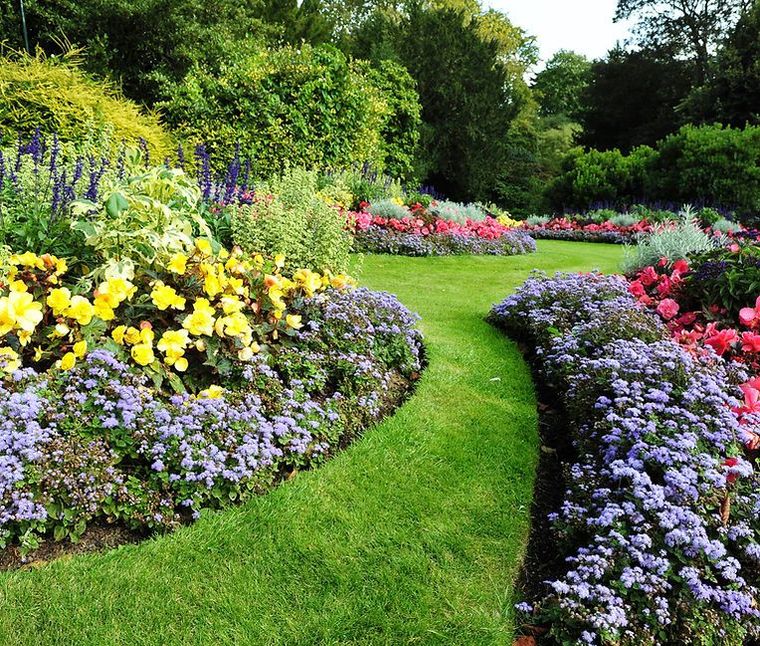 Curved garden path bordered by colorful blooming flower beds and green shrubs