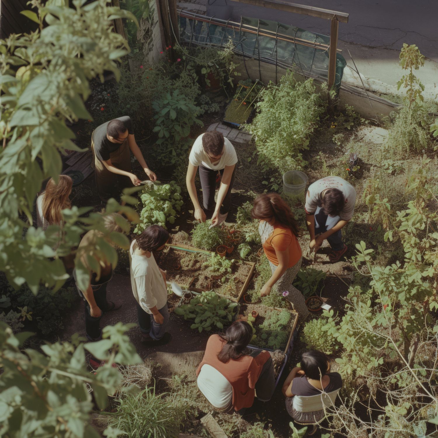 Group gardening in a lush backyard, people crouching and tending plants around a small garden bed.