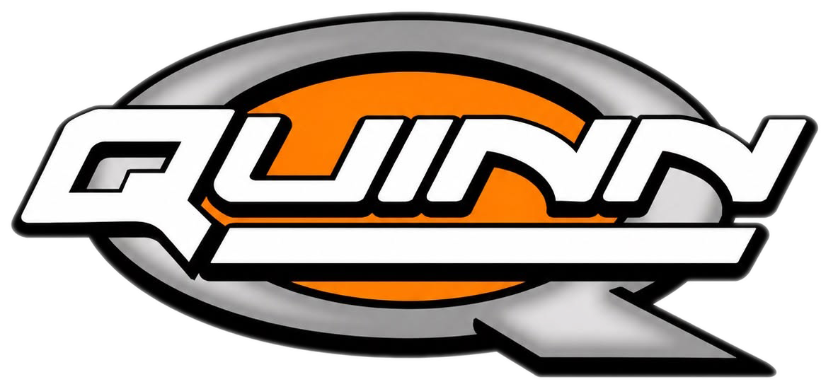 Quinn logo in white and orange with a stylized silver Q on a gray oval background