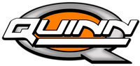 Quinn logo in white and orange with a stylized silver Q on a gray oval background