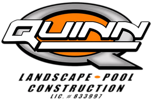 QWINN logo with orange and black text above “Landscape-Pool Construction” and phone number text below
