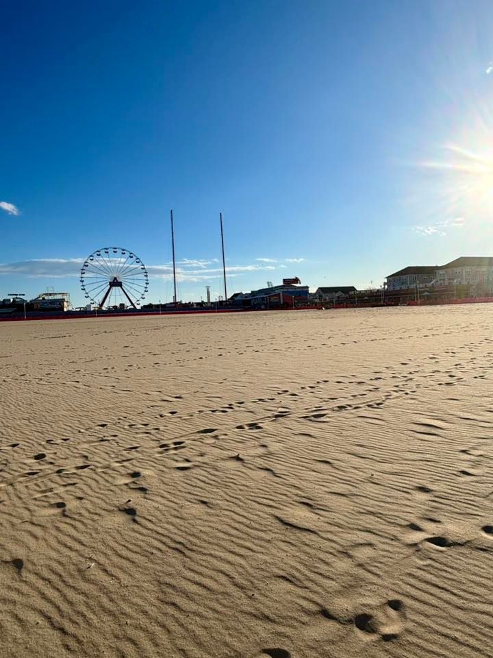 A sandy beach with a ferris wheel in the background.