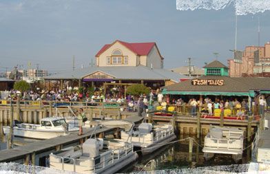 A dock with boats docked in front of a building that says stella artois