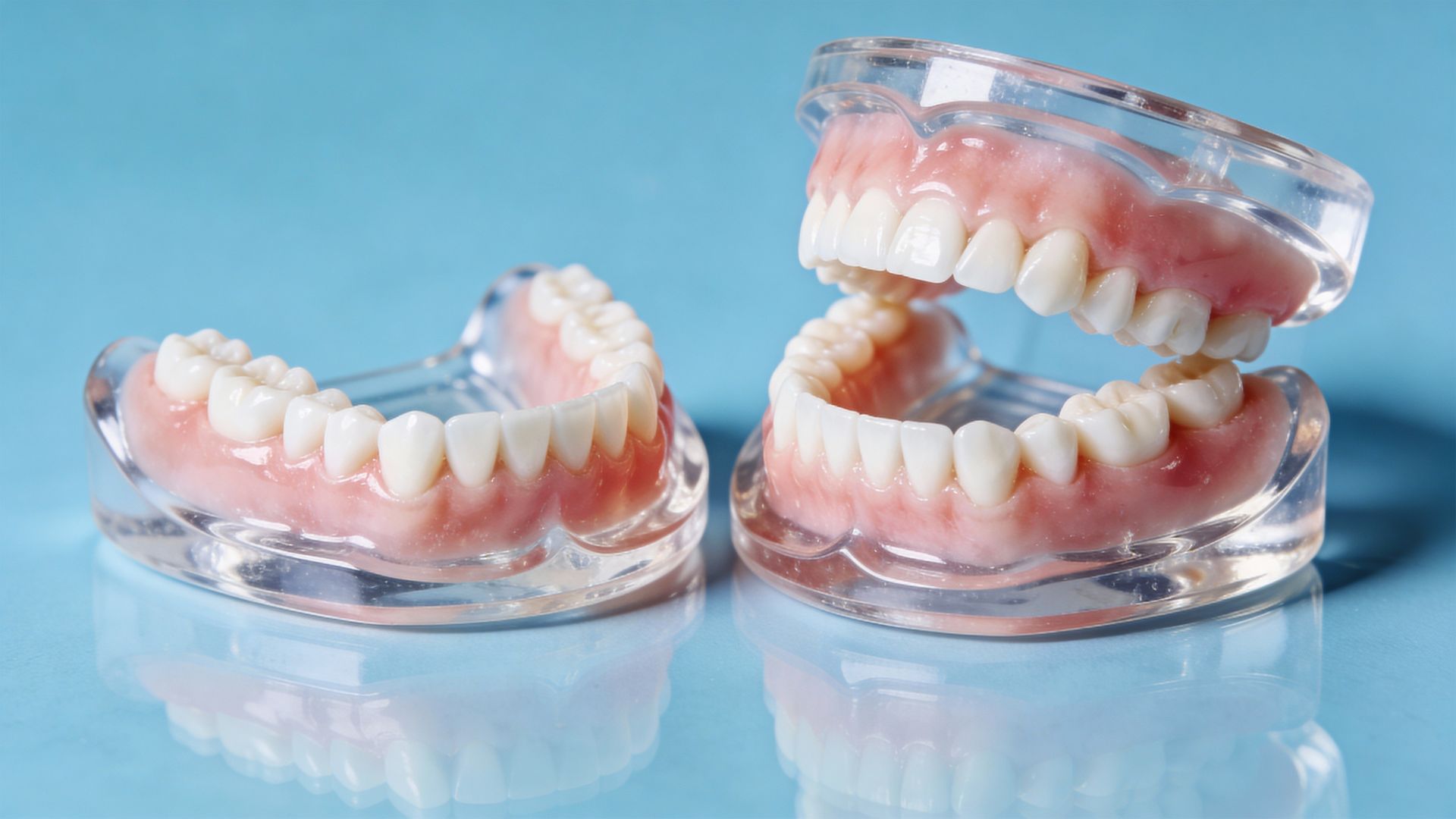 Transparent dental retainers with artificial teeth on a blue surface