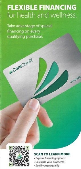 Green ad with CareCredit card, hand holding it, and QR code for financing information.