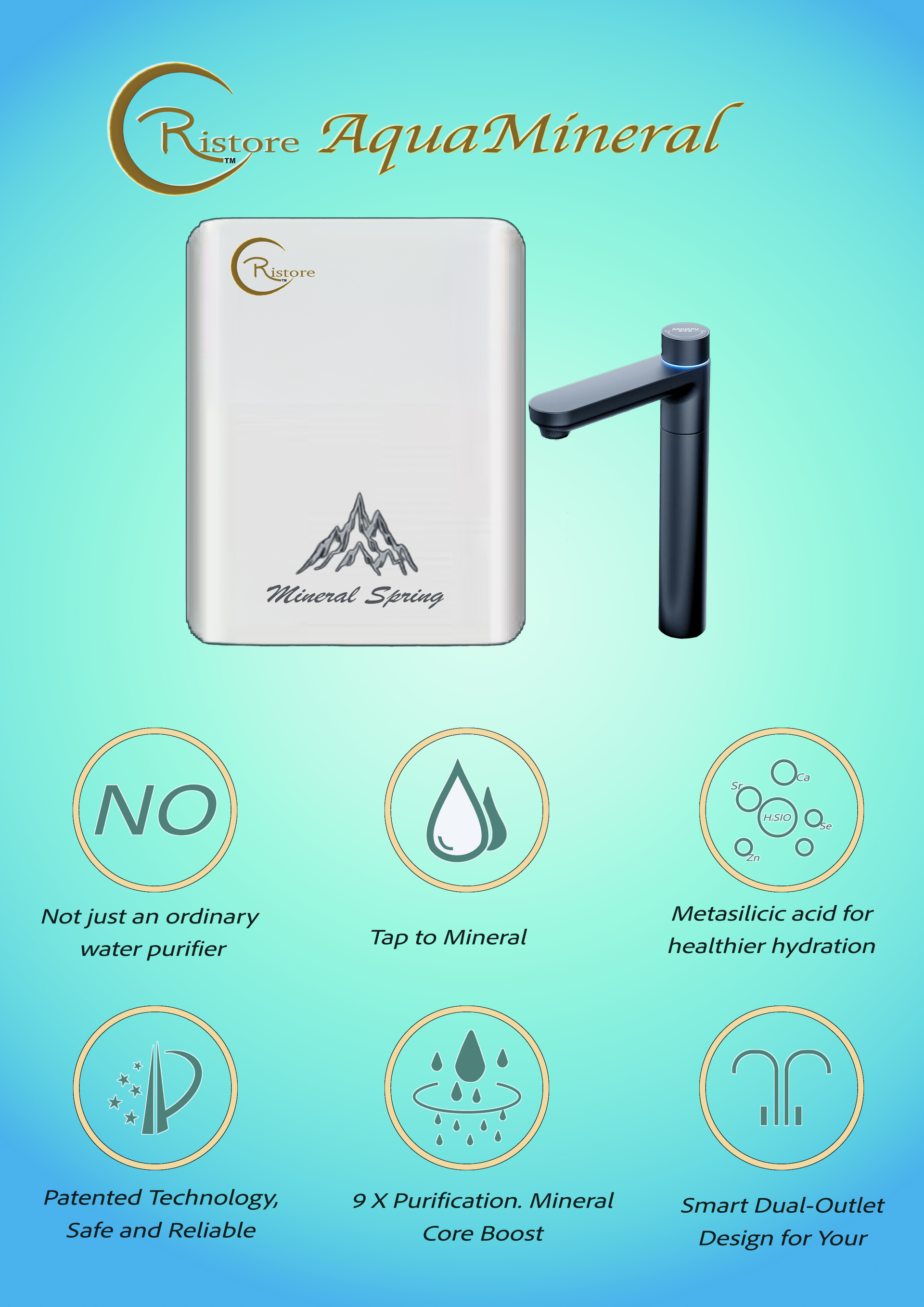 A water purifier with mountain graphic, metallic finish, in a nature-themed setting with mineral elements.