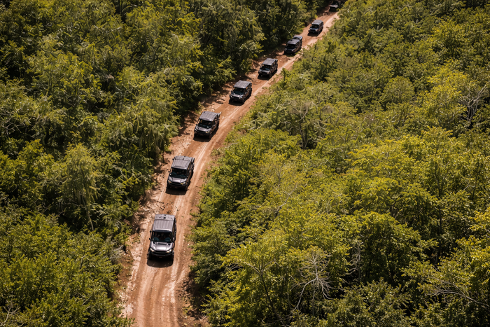 Convoy of off-road vehicles driving along a winding dirt road through dense green forest
