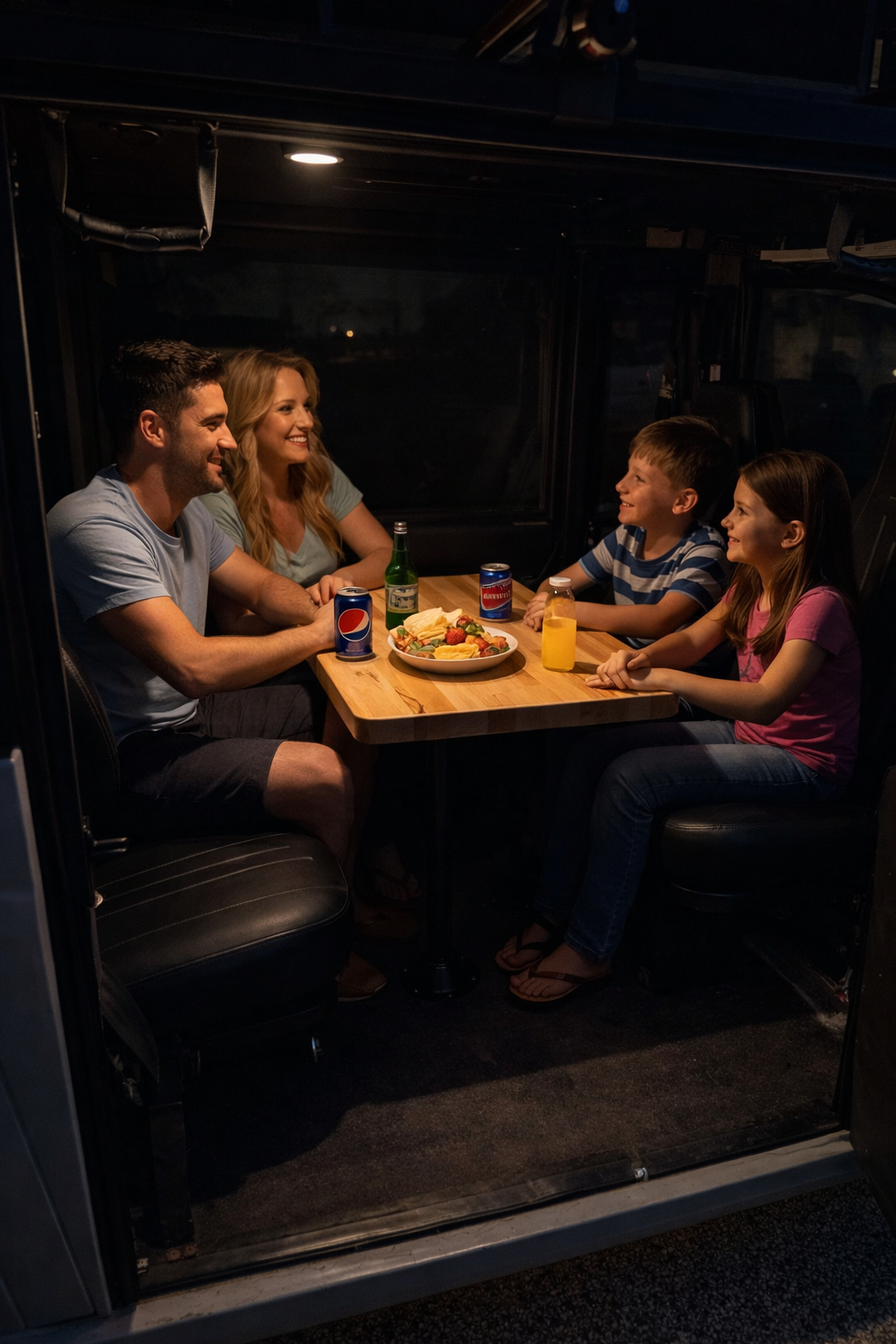 Family of four chatting around a candlelit table in a dark restaurant booth