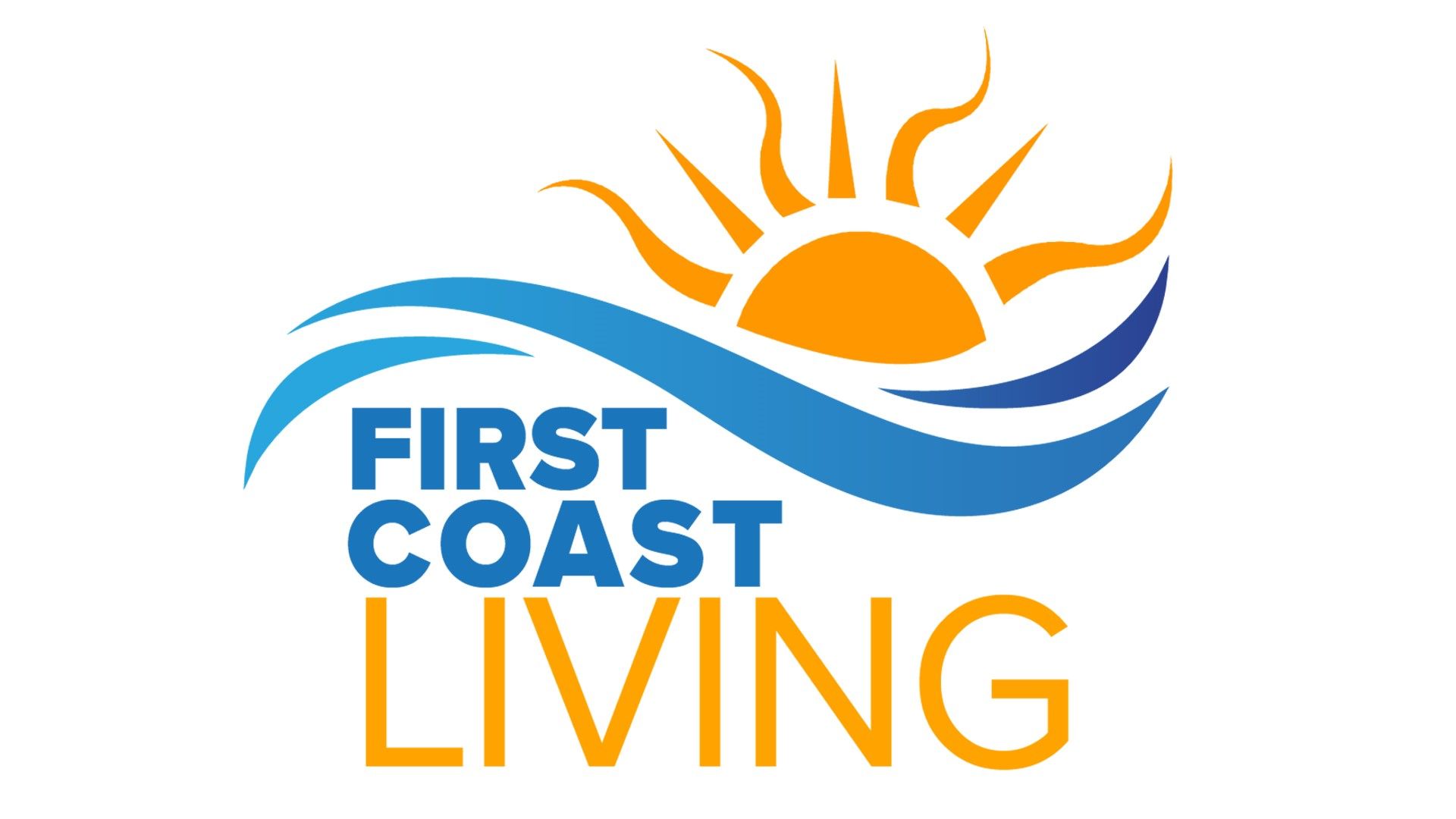 First Coast Living logo with blue waves and orange sun over blue and gold text.