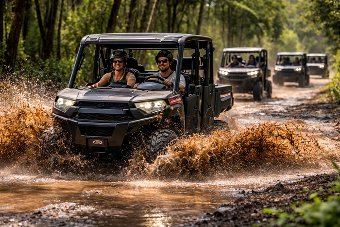 Off-road vehicles splashing through muddy water on a forest trail