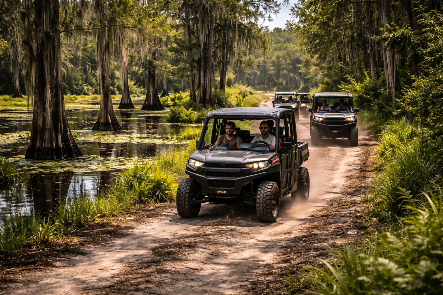 Two off-road vehicles drive through a muddy forest trail with water and tall trees.