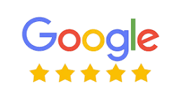 Google logo with five yellow stars underneath on a white background