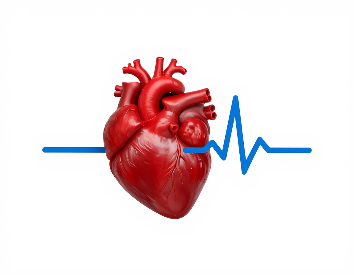 Corazón rojo con línea azul que indica el latido del corazón sobre fondo blanco.