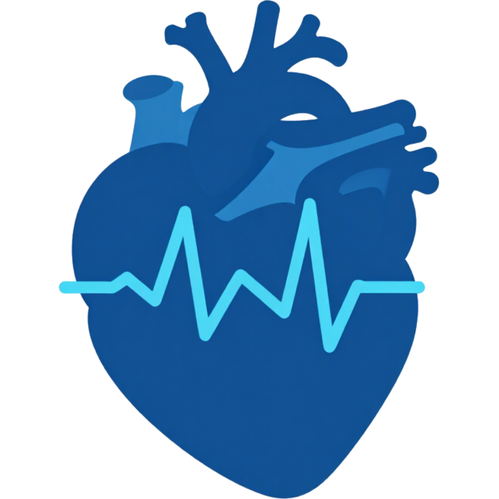 Corazón anatómico azul con superposición de línea de latido cardíaco cian.