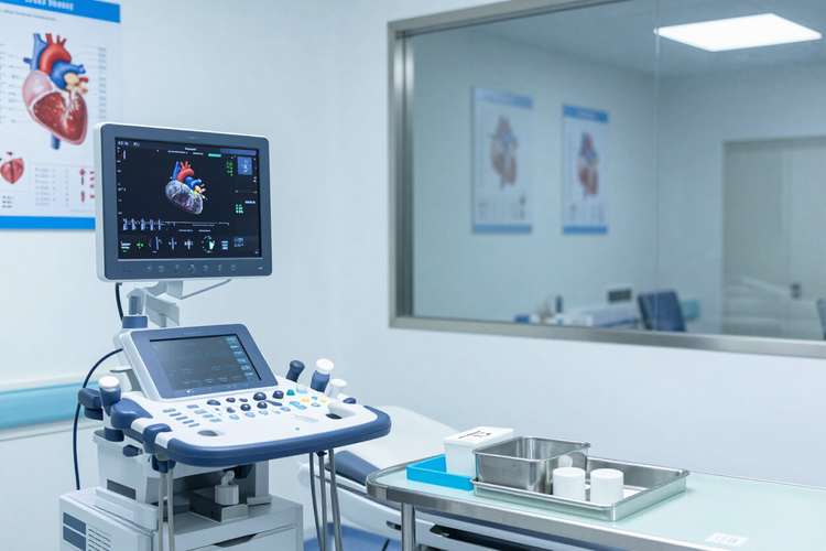 Máquina de ultrasonido en una sala de clínica limpia con un monitor y carteles médicos en la pared.