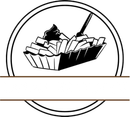 Black-and-white logo of a dessert or pastry in a tray inside a circular border