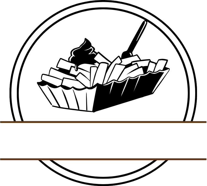 Black-and-white logo of a dessert or pastry in a tray inside a circular border
