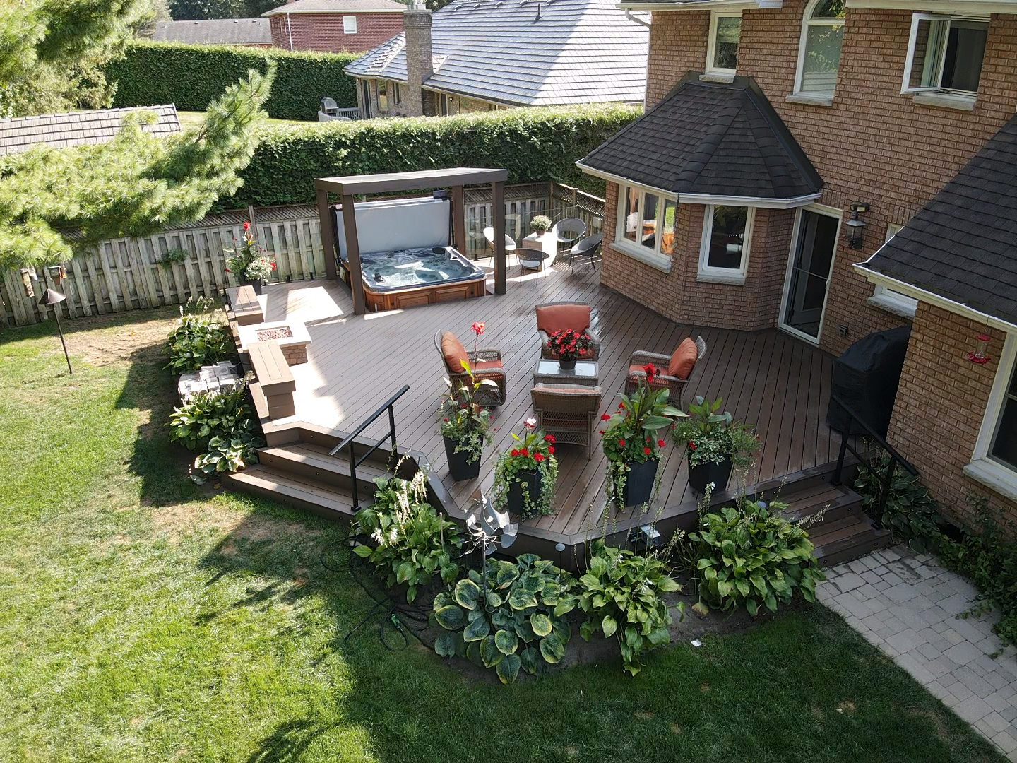 Composite decking boards installed on a backyard deck