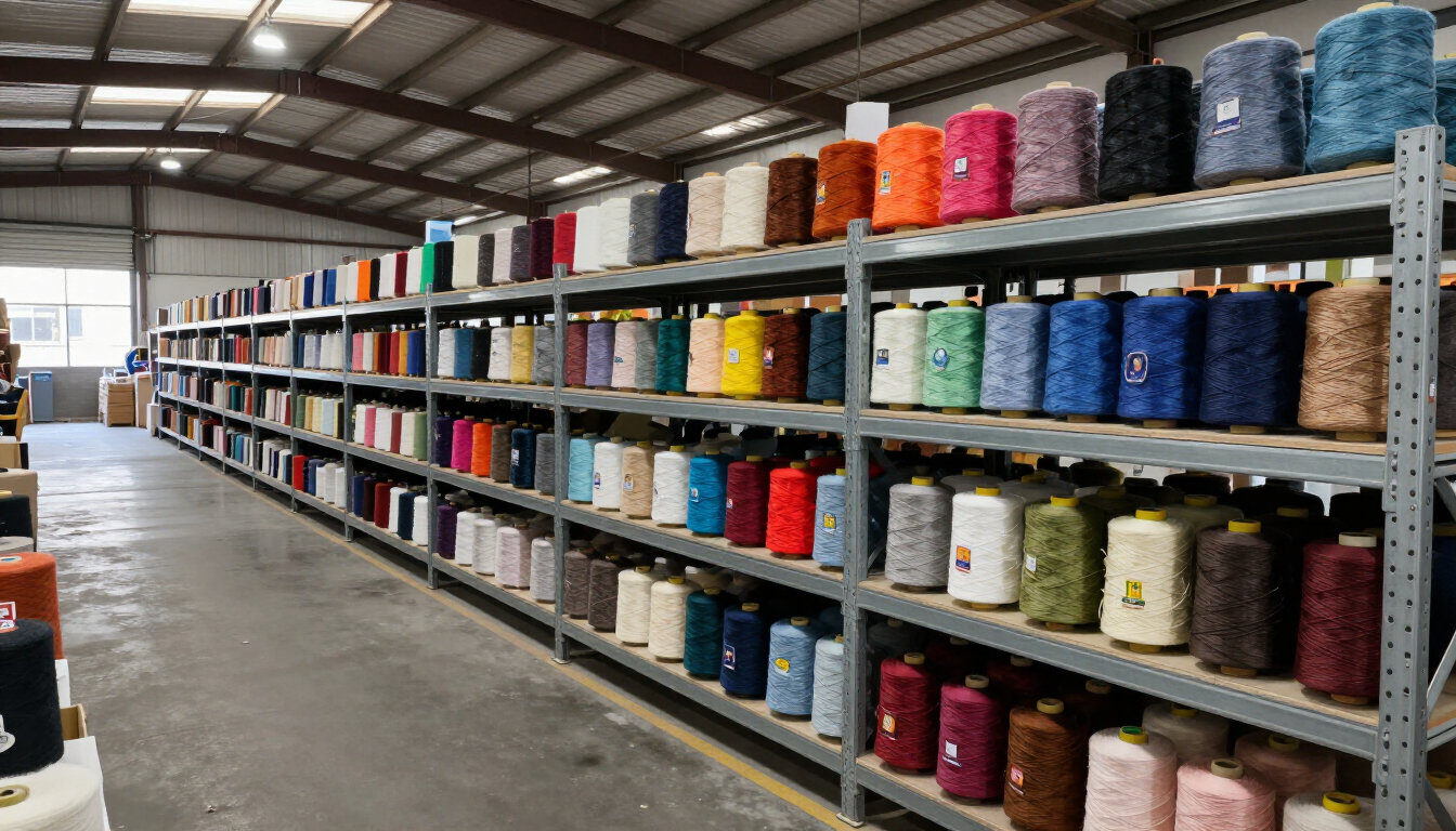 Pasillo de almacén con estanterías metálicas llenas de rollos de material de colores