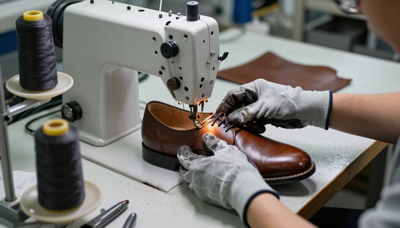 Manos enguantadas cosiendo un zapato de cuero marrón en una máquina de coser industrial