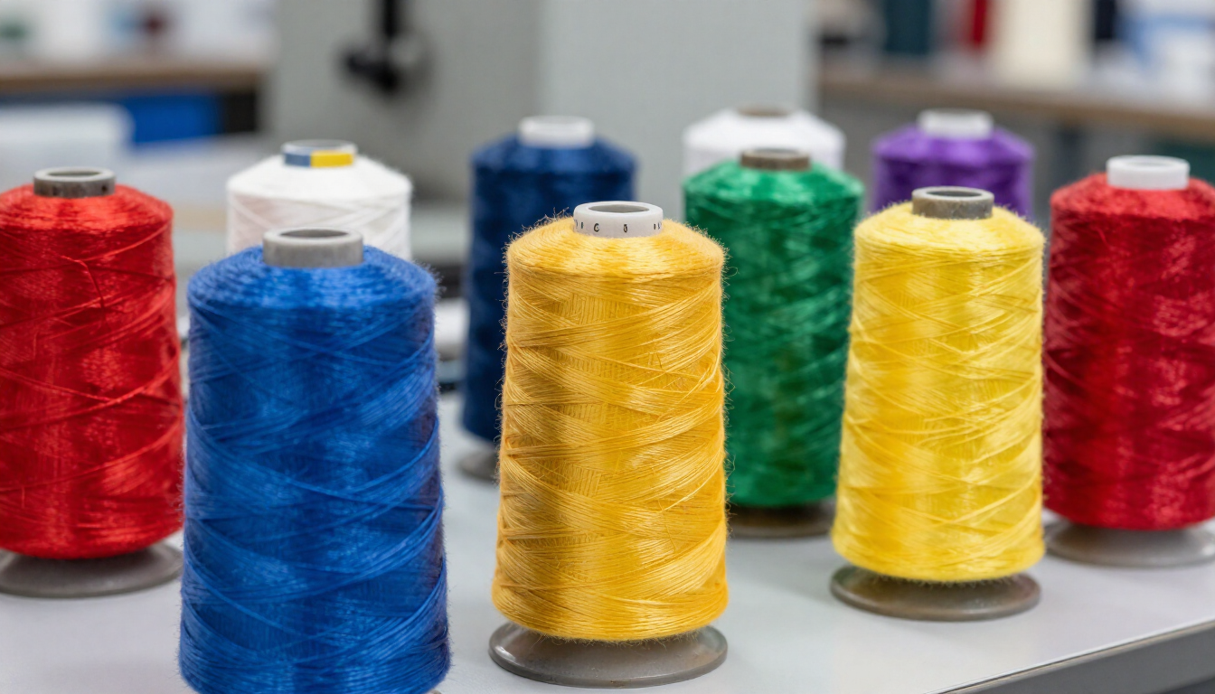 Carretes de hilo de colores rojo, azul, amarillo, verde y morado sobre una mesa