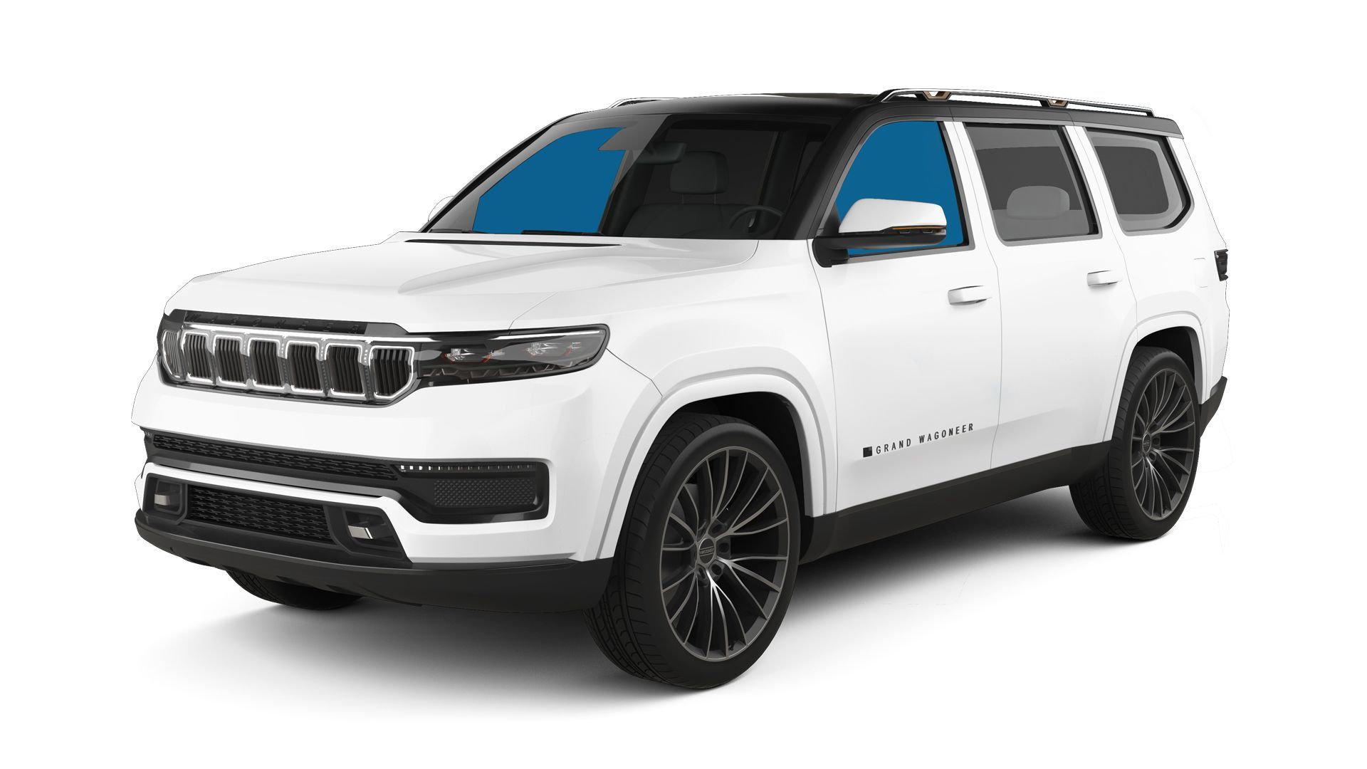 White Jeep Grand Wagoneer with black roof and wheels.