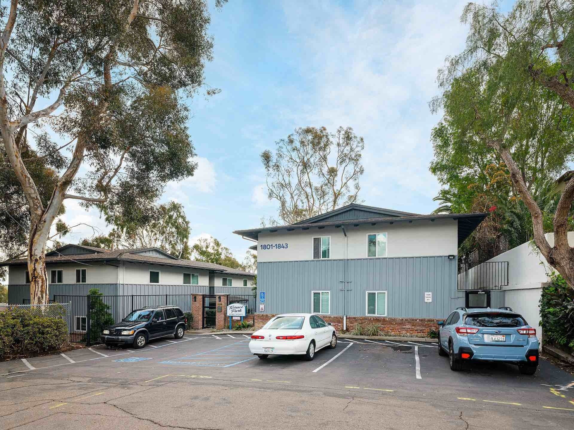 Exterior of parking in front of apartment complex