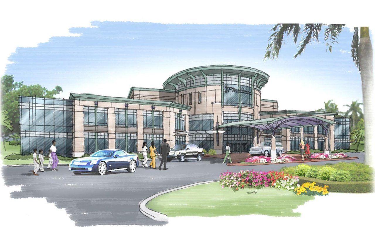 A drawing of a large building with cars parked in front of it