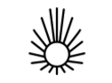 A black and white drawing of a sun with rays coming out of it.