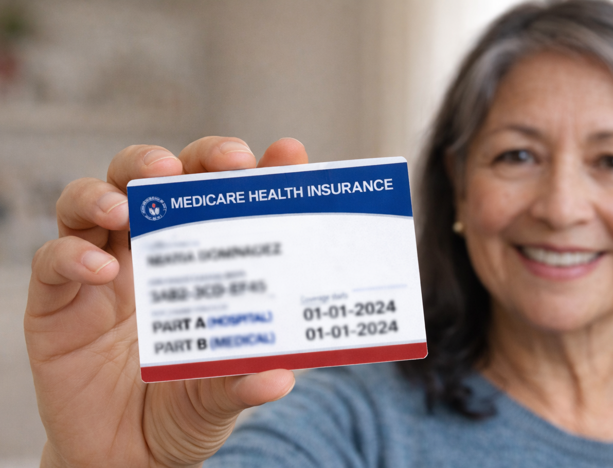 Woman smiling, holding a Medicare health insurance card.
