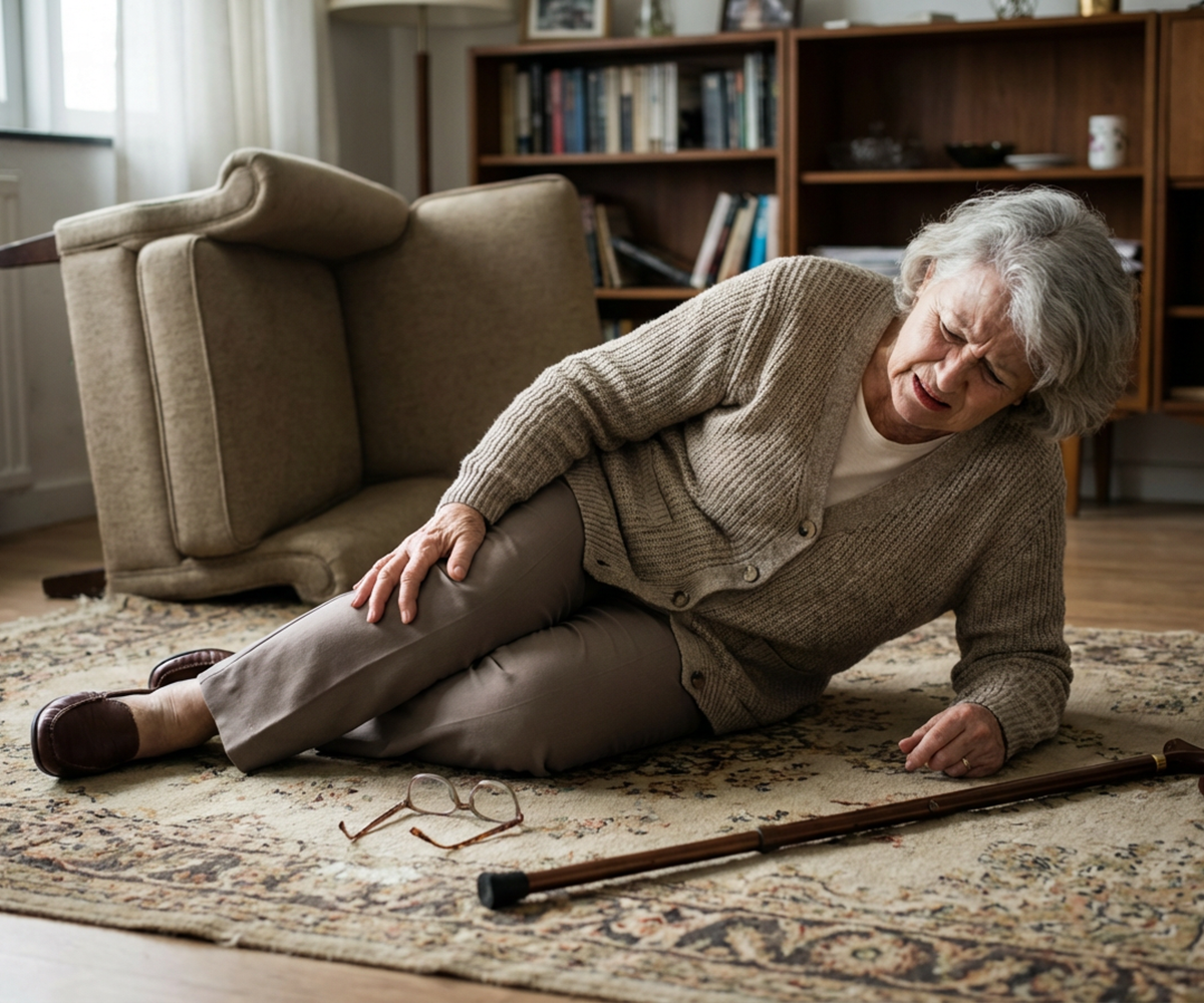 An older adult lies on the floor, clutching her knee, cane and glasses nearby, with a fallen chair.