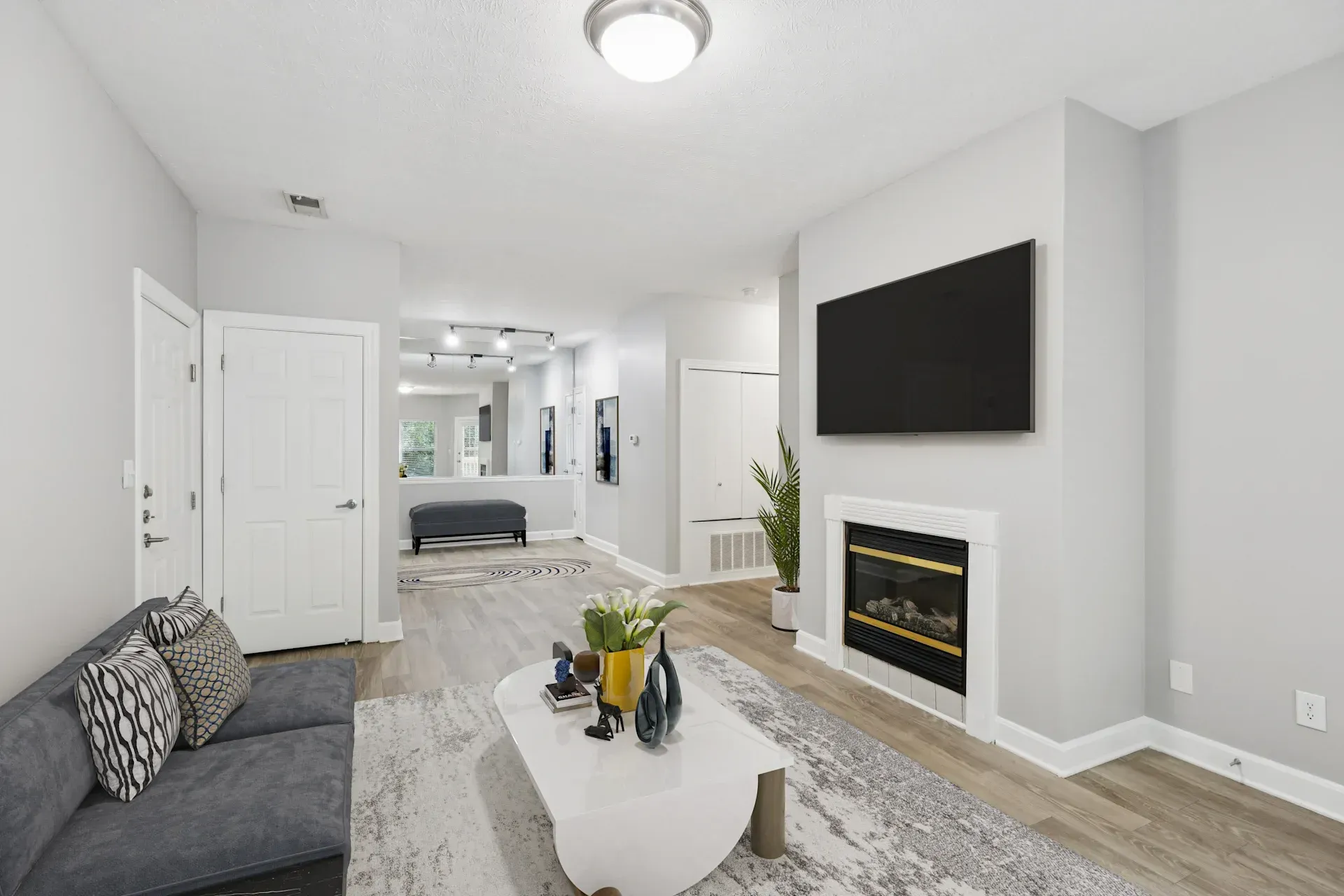 Modern living room with fireplace, TV, sofa, coffee table, and light wood flooring.