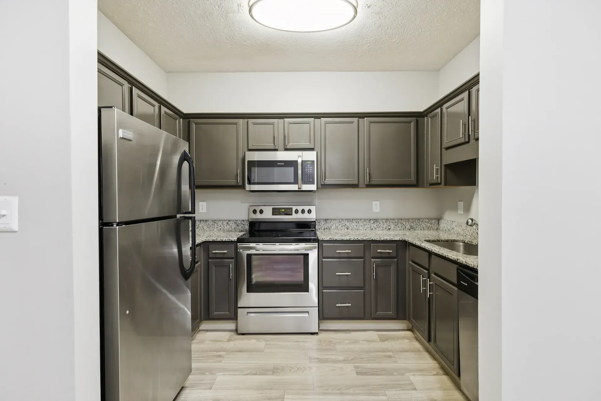 Gray kitchen with stainless steel appliances, granite countertops, and light wood-look flooring.