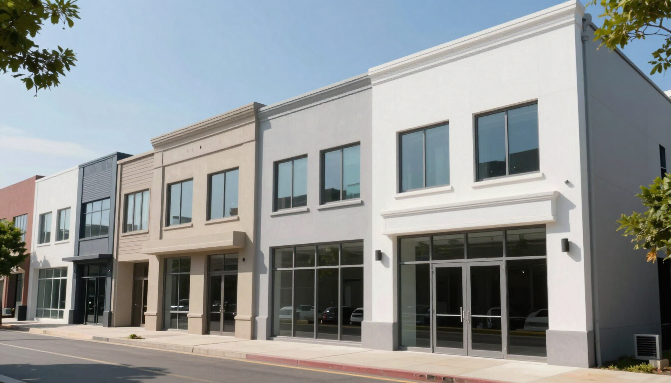 Modern two-story commercial building with large glass storefronts and light gray facade on a sunny street