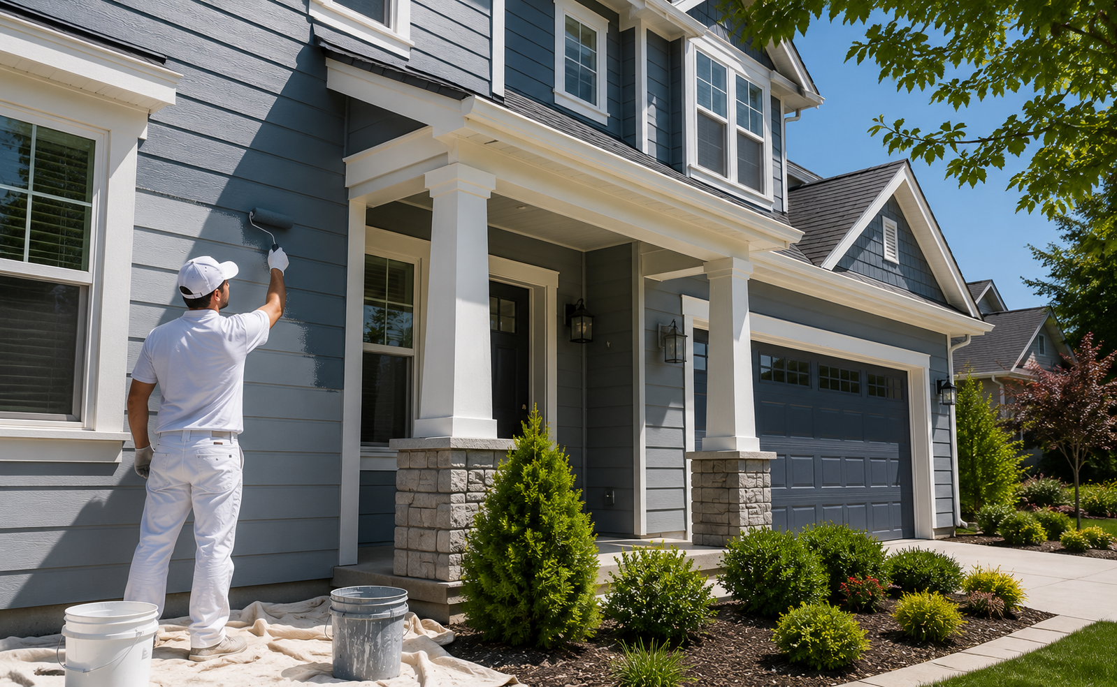 Painter in white uniform painting the exterior of a gray house with blue garage doors